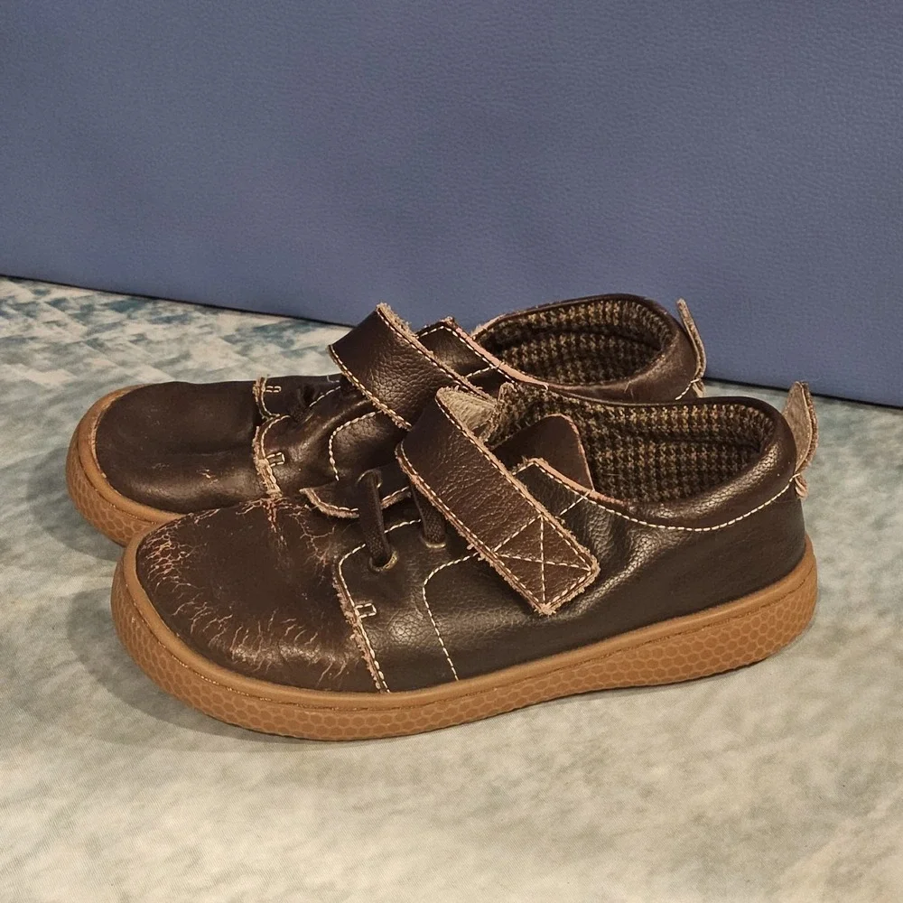 Livie & Luca Boys Brown Leather Hook & Loop Shoes Size 12 Fair